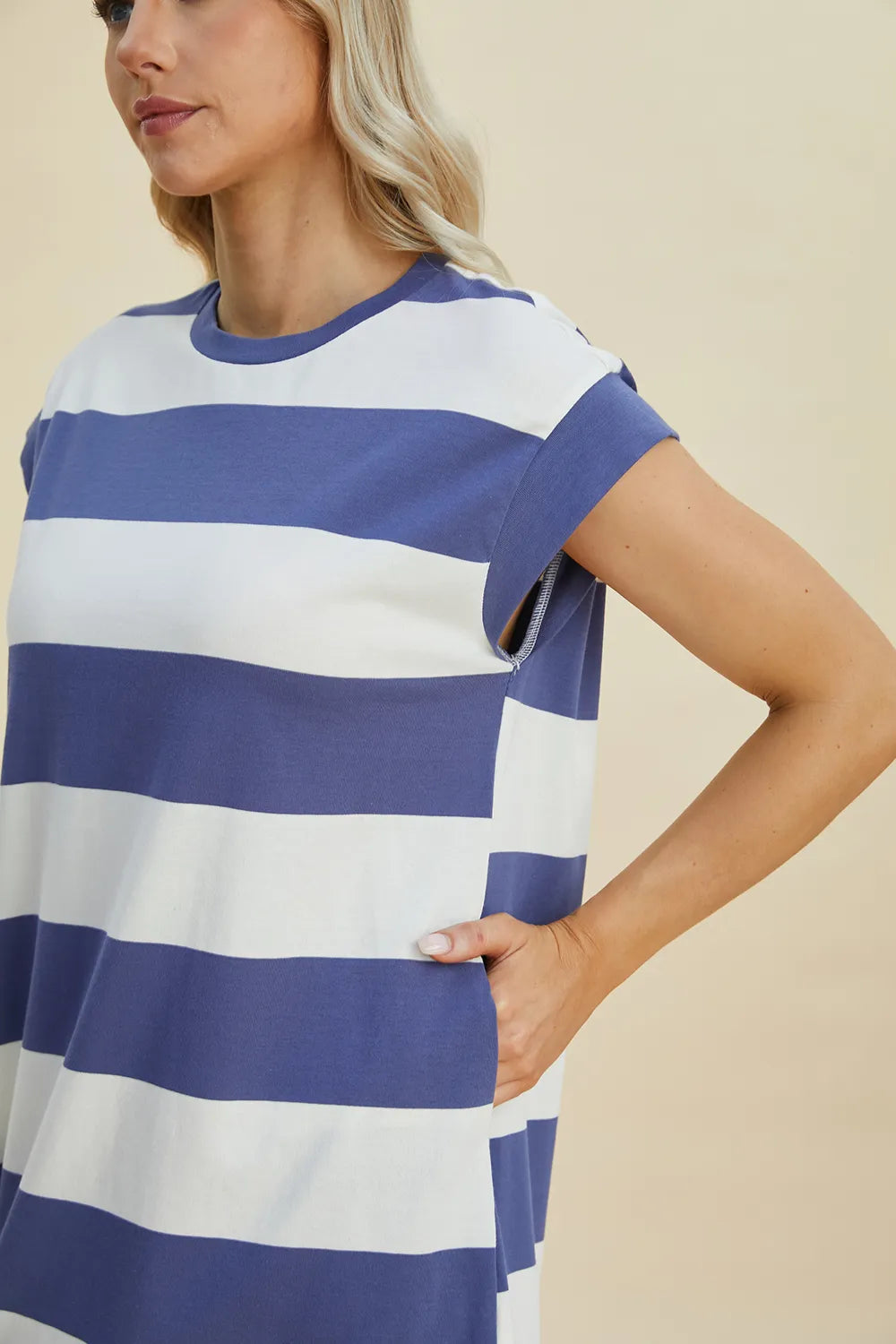 Basic Bae Full Size Striped Round Neck Cap Sleeve Mini Dress - Demented Sisters