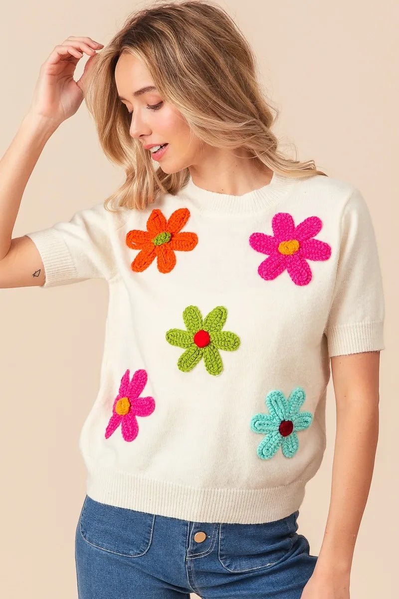 BiBi Crochet Flower Patch Sweater Top - Demented Sisters