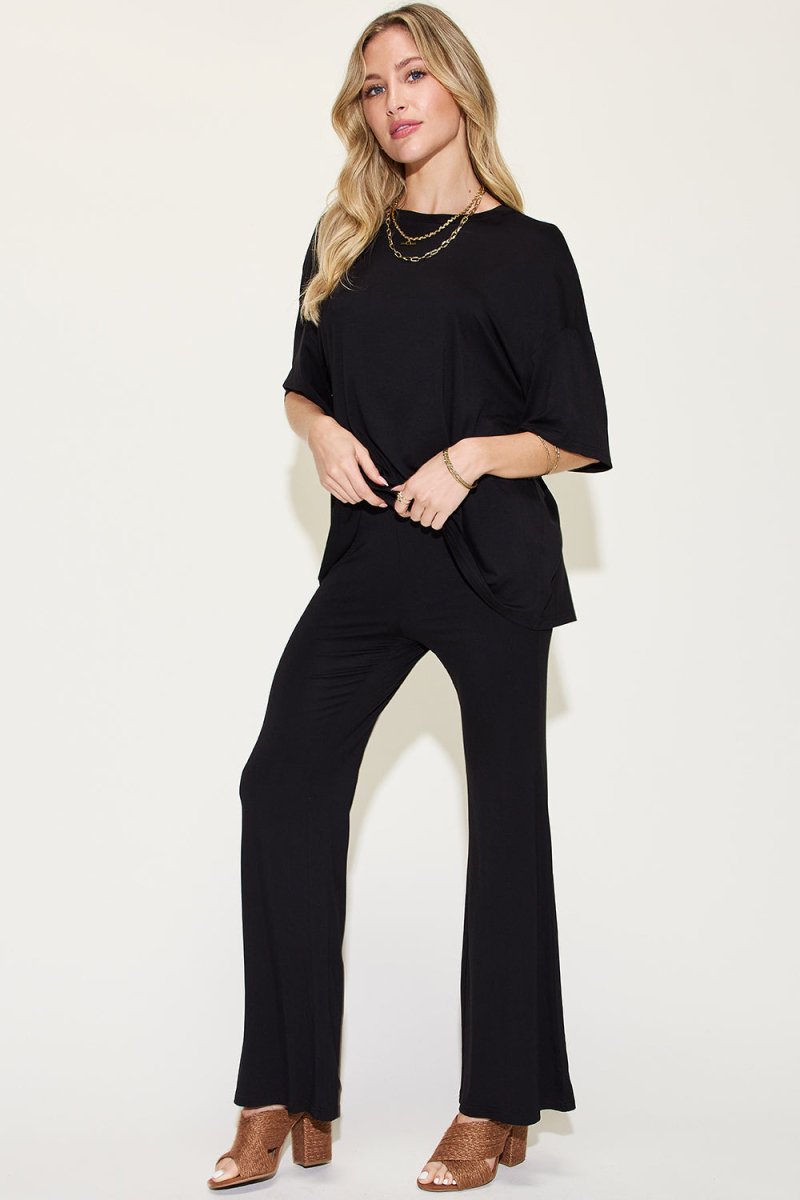 Basic Bae Full Size Bamboo Drop Shoulder T-Shirt and Flare Pants Set - Demented Sisters