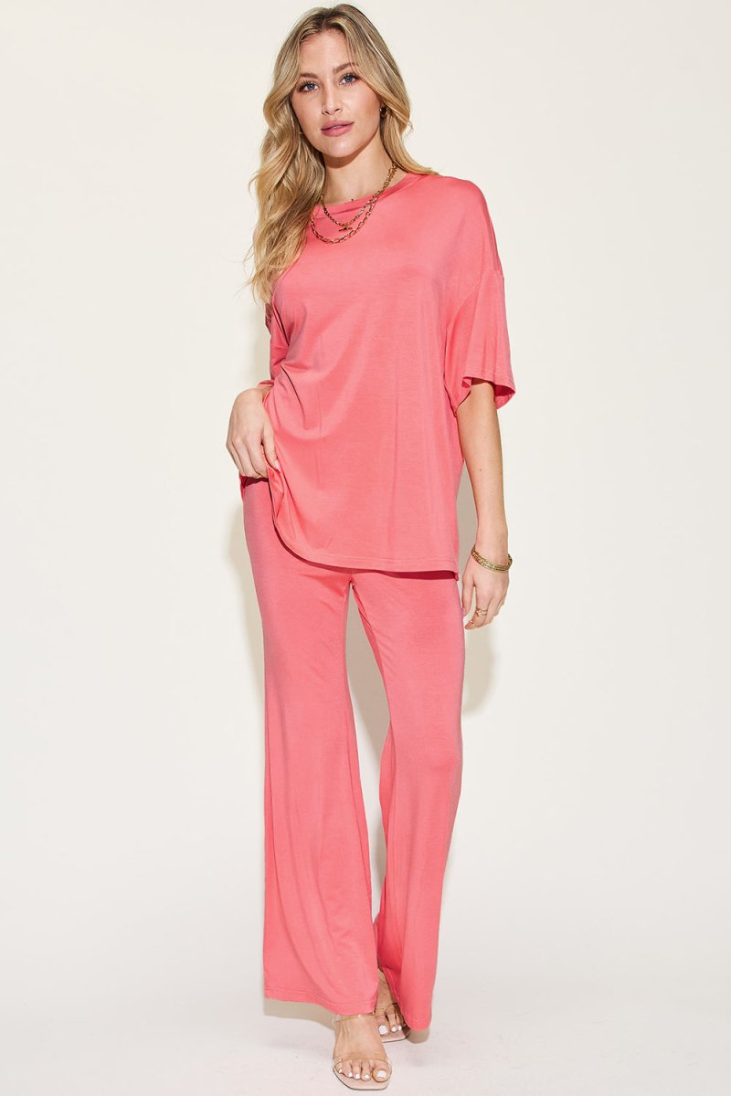 Basic Bae Full Size Bamboo Drop Shoulder T-Shirt and Flare Pants Set - Demented Sisters
