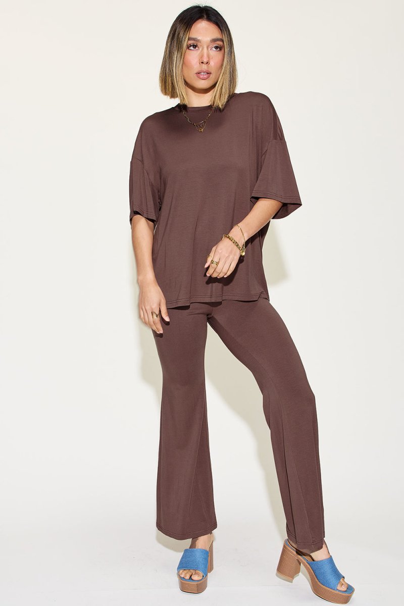 Basic Bae Full Size Bamboo Drop Shoulder T-Shirt and Flare Pants Set - Demented Sisters
