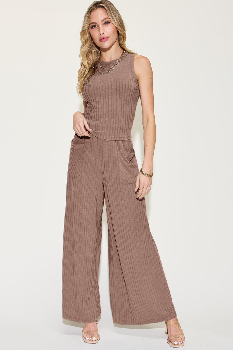 Basic Bae Full Size Ribbed Tank and Wide Leg Pants Set - Demented Sisters