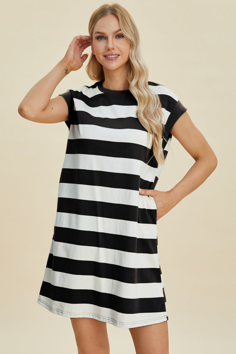 Basic Bae Full Size Striped Round Neck Cap Sleeve Mini Dress - Demented Sisters