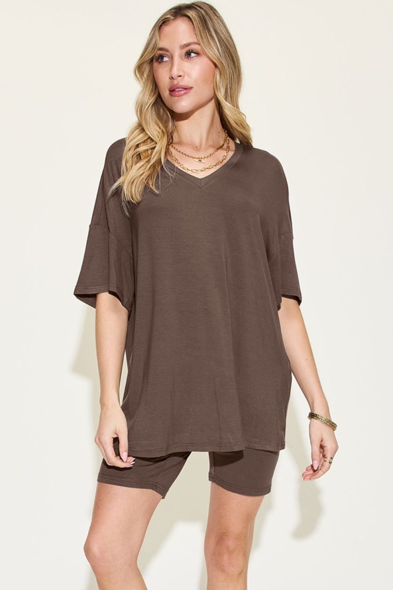Basic Bae Full Size V - Neck Drop Shoulder Tee & Shorts Lounge Set - Demented Sisters