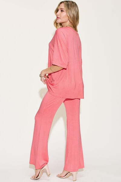 Basic Bae Full Size Bamboo Drop Shoulder T-Shirt and Flare Pants Set - Demented Sisters