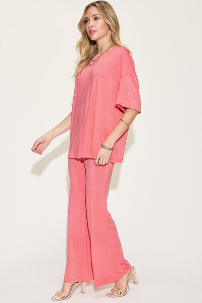 Basic Bae Full Size Bamboo Drop Shoulder T-Shirt and Flare Pants Set - Demented Sisters