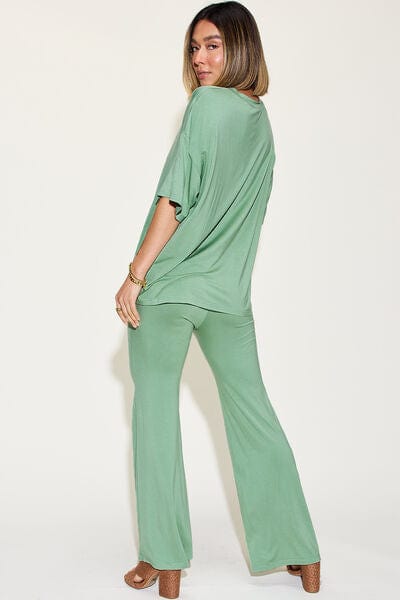 Basic Bae Full Size Bamboo Drop Shoulder T-Shirt and Flare Pants Set - Demented Sisters