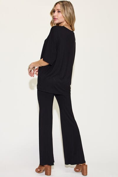 Basic Bae Full Size Bamboo Drop Shoulder T-Shirt and Flare Pants Set - Demented Sisters