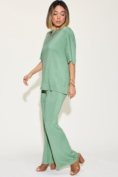 Basic Bae Full Size Bamboo Drop Shoulder T-Shirt and Flare Pants Set - Demented Sisters