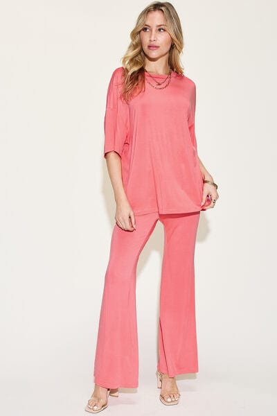 Basic Bae Full Size Bamboo Drop Shoulder T-Shirt and Flare Pants Set - Demented Sisters