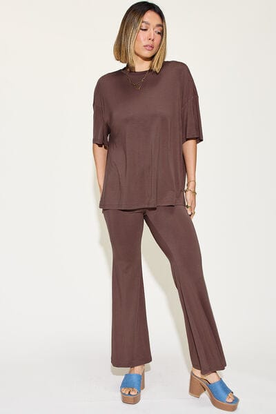 Basic Bae Full Size Bamboo Drop Shoulder T-Shirt and Flare Pants Set - Demented Sisters