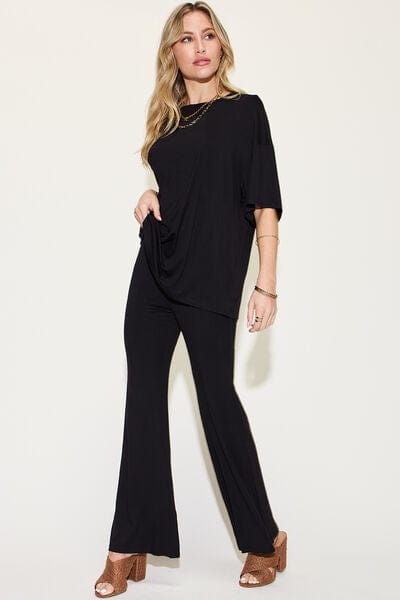 Basic Bae Full Size Bamboo Drop Shoulder T-Shirt and Flare Pants Set - Demented Sisters