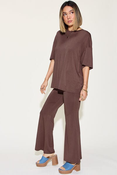 Basic Bae Full Size Bamboo Drop Shoulder T-Shirt and Flare Pants Set - Demented Sisters