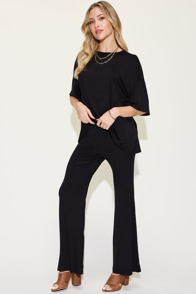 Basic Bae Full Size Bamboo Drop Shoulder T-Shirt and Flare Pants Set - Demented Sisters