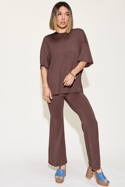 Basic Bae Full Size Bamboo Drop Shoulder T-Shirt and Flare Pants Set - Demented Sisters