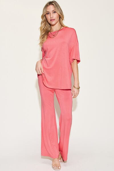 Basic Bae Full Size Bamboo Drop Shoulder T-Shirt and Flare Pants Set - Demented Sisters