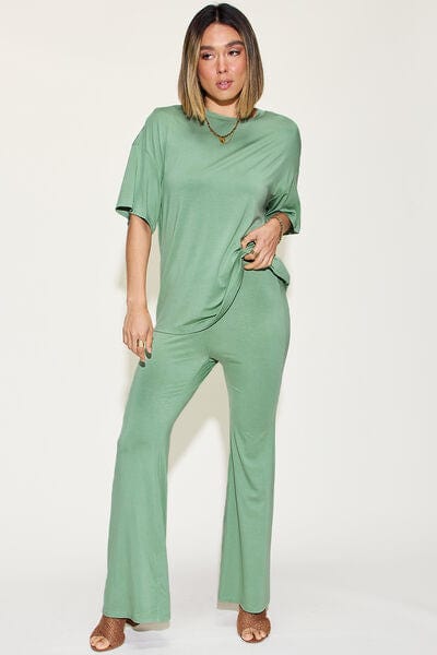 Basic Bae Full Size Bamboo Drop Shoulder T-Shirt and Flare Pants Set - Demented Sisters