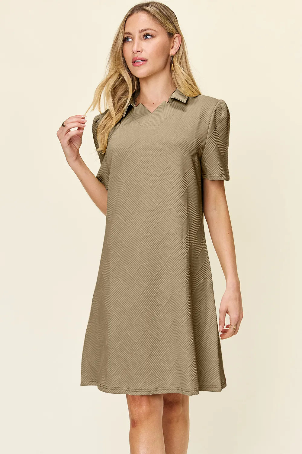 Double Take Full Size Texture Collared Neck Short Sleeve Dress - Demented Sisters