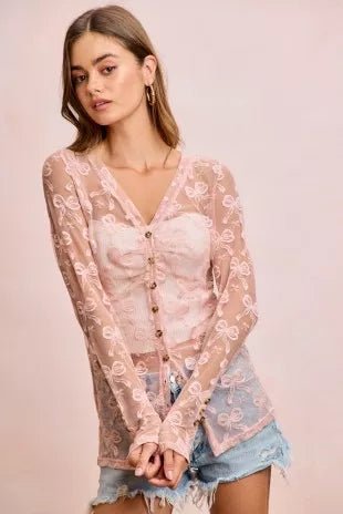 BiBi Bow Pattern Shrried V-neck Mesh Cardigan Top - Demented Sisters