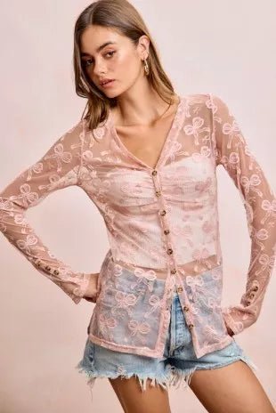 BiBi Bow Pattern Shrried V-neck Mesh Cardigan Top - Demented Sisters