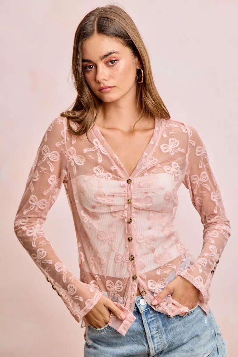 BiBi Bow Pattern Shrried V-neck Mesh Cardigan Top - Demented Sisters
