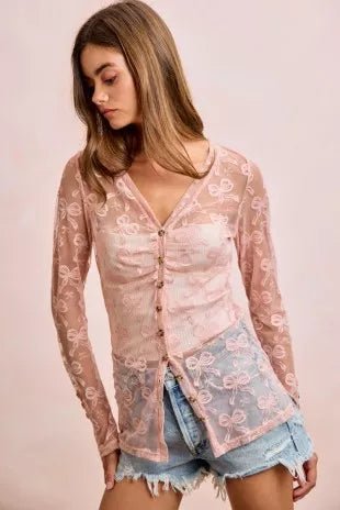 BiBi Bow Pattern Shrried V-neck Mesh Cardigan Top - Demented Sisters