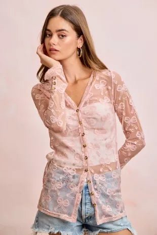 BiBi Bow Pattern Shrried V-neck Mesh Cardigan Top - Demented Sisters