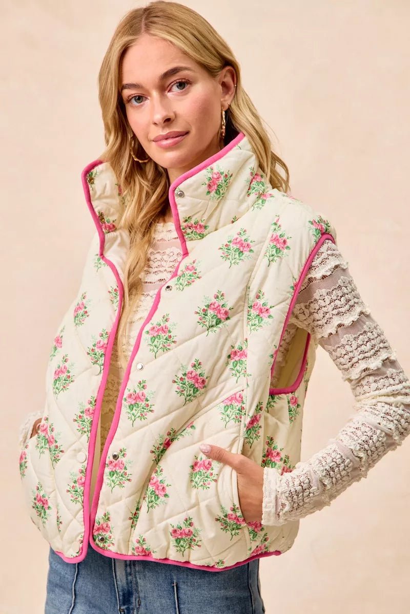 BiBi Floral Print Piping Detail Quilted Vest - Demented Sisters