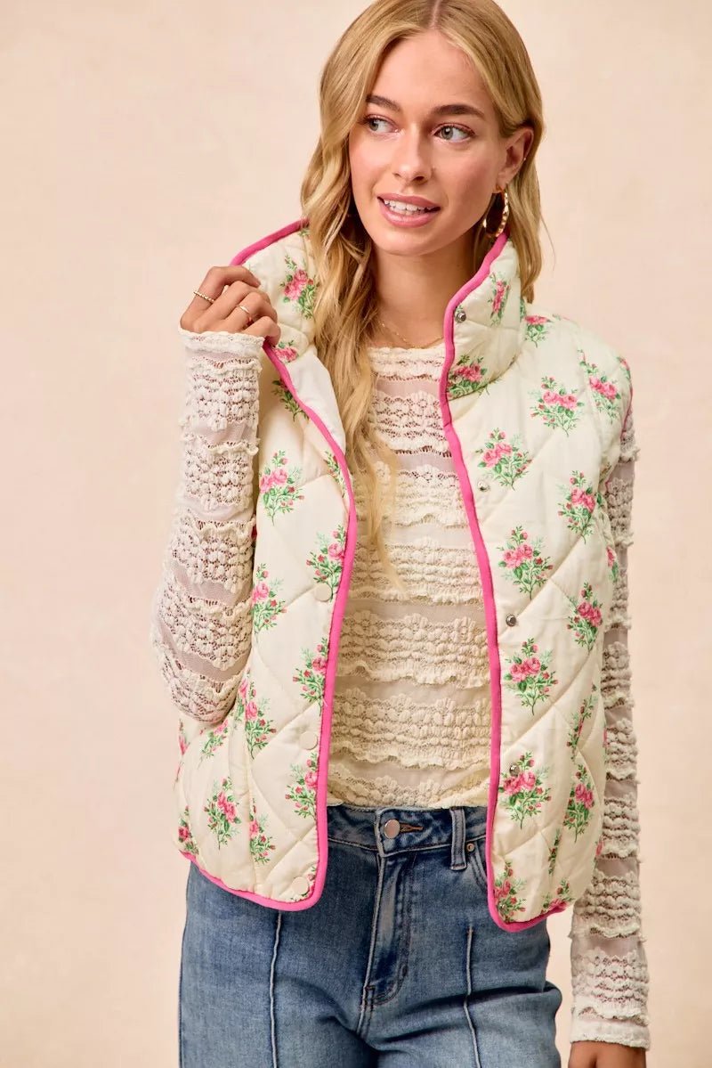 BiBi Floral Print Piping Detail Quilted Vest - Demented Sisters