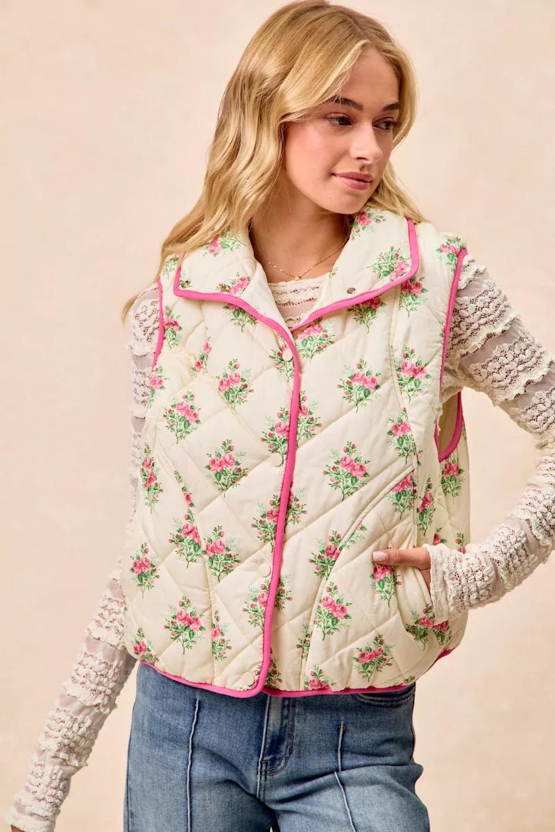 BiBi Floral Print Piping Detail Quilted Vest - Demented Sisters