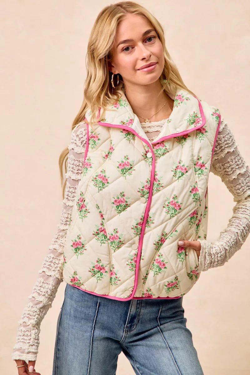 BiBi Floral Print Piping Detail Quilted Vest - Demented Sisters