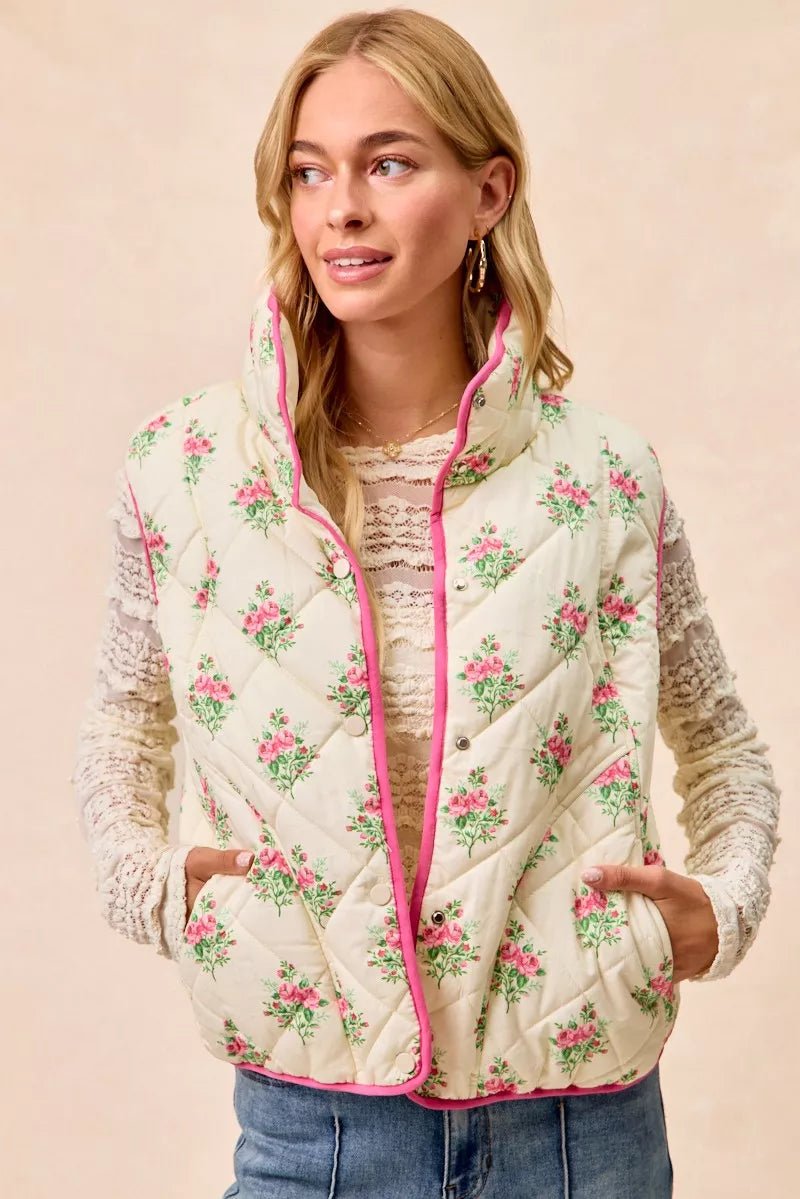 BiBi Floral Print Piping Detail Quilted Vest - Demented Sisters