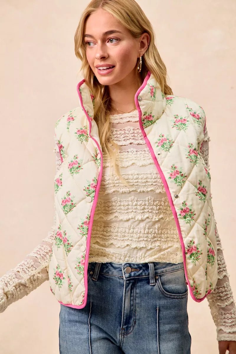 BiBi Floral Print Piping Detail Quilted Vest - Demented Sisters