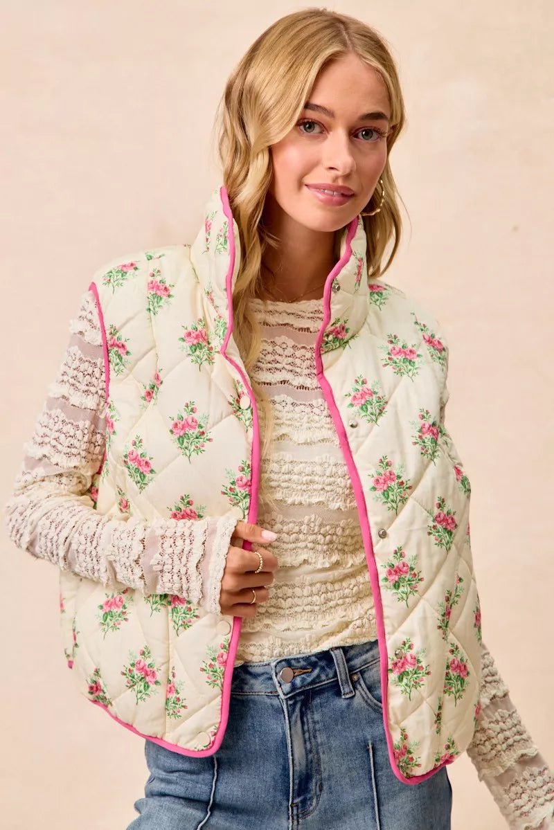 BiBi Floral Print Piping Detail Quilted Vest - Demented Sisters