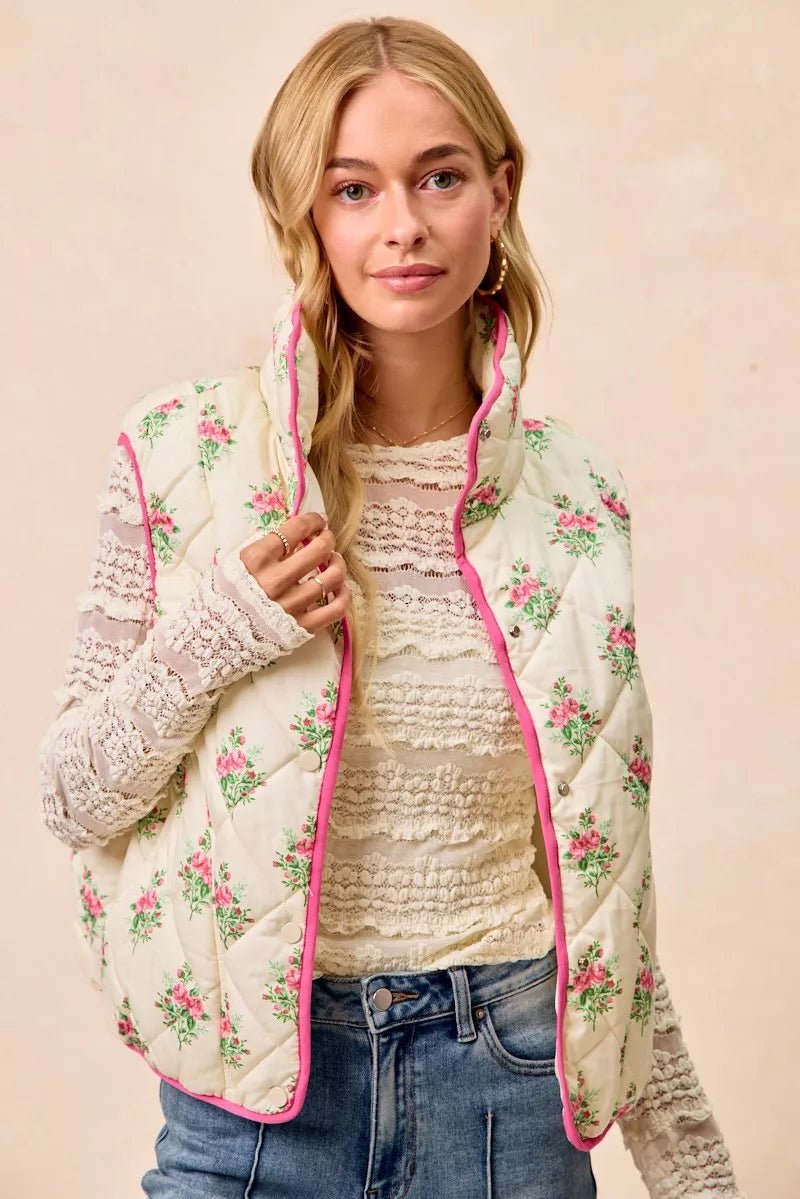 BiBi Floral Print Piping Detail Quilted Vest - Demented Sisters