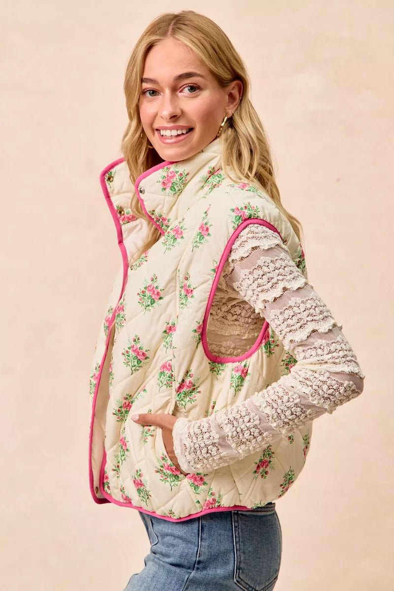 BiBi Floral Print Piping Detail Quilted Vest - Demented Sisters