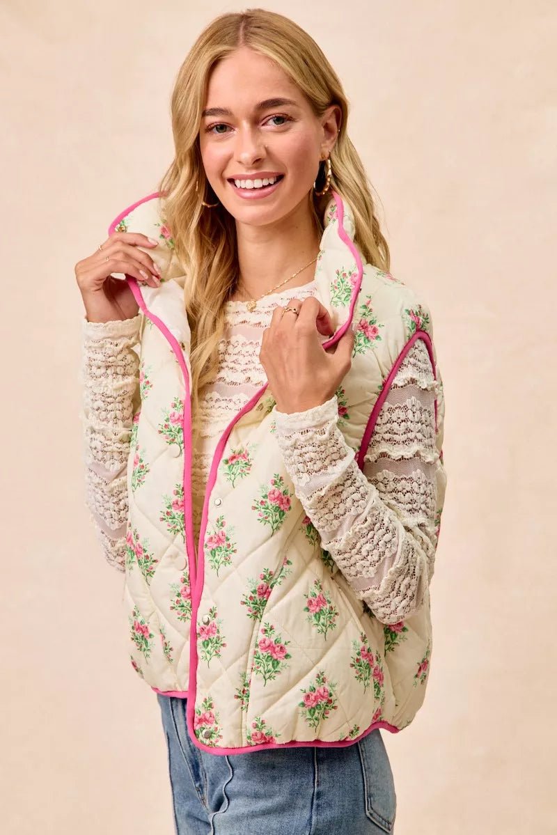 BiBi Floral Print Piping Detail Quilted Vest - Demented Sisters