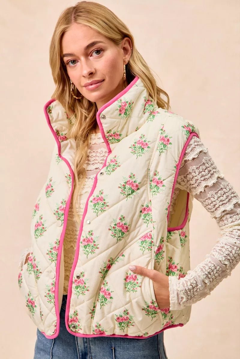 BiBi Floral Print Piping Detail Quilted Vest - Demented Sisters