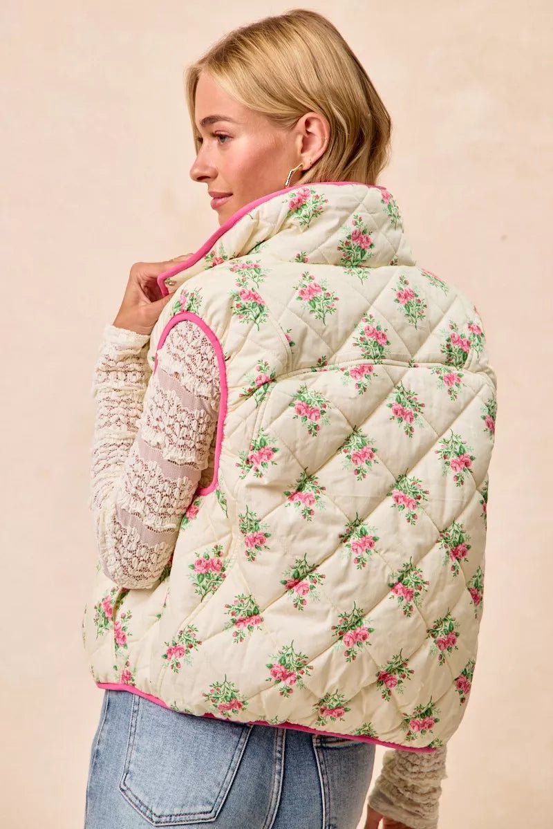BiBi Floral Print Piping Detail Quilted Vest - Demented Sisters