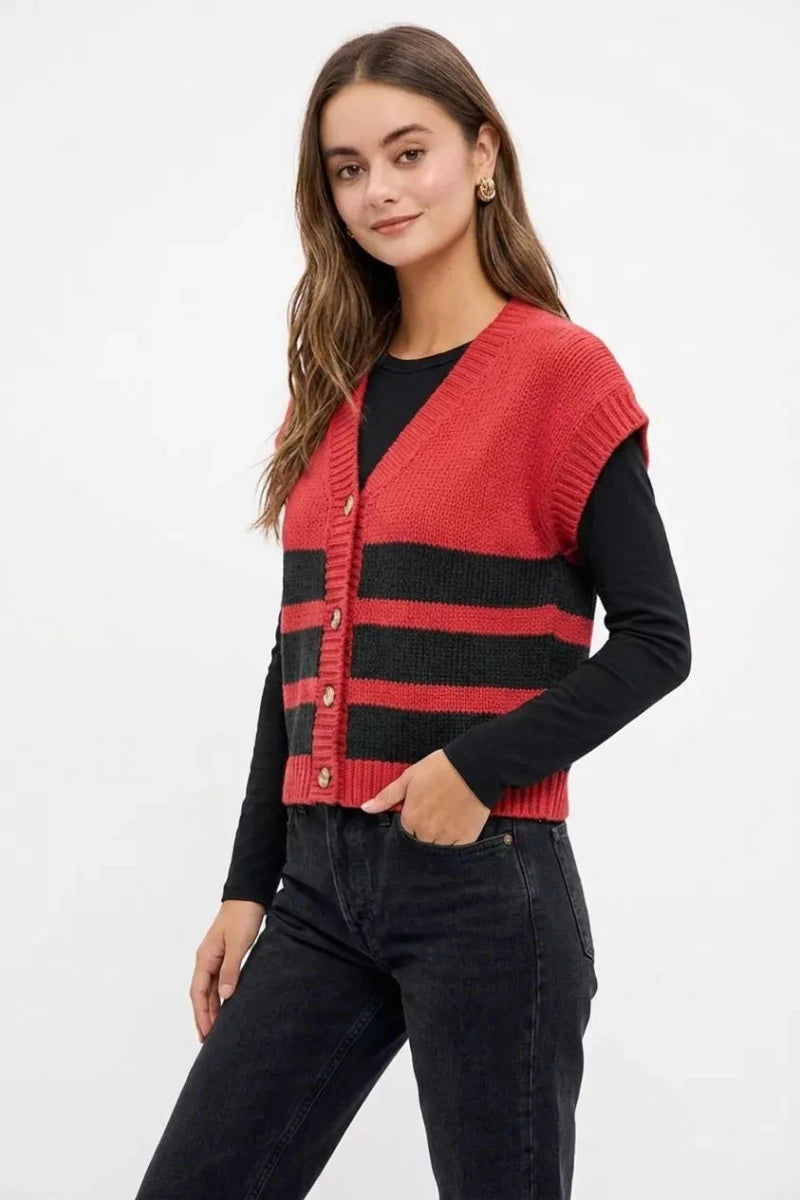 BiBi Game Day Theme Stripe Buttoned V Neck Knit Cardigan - Demented Sisters