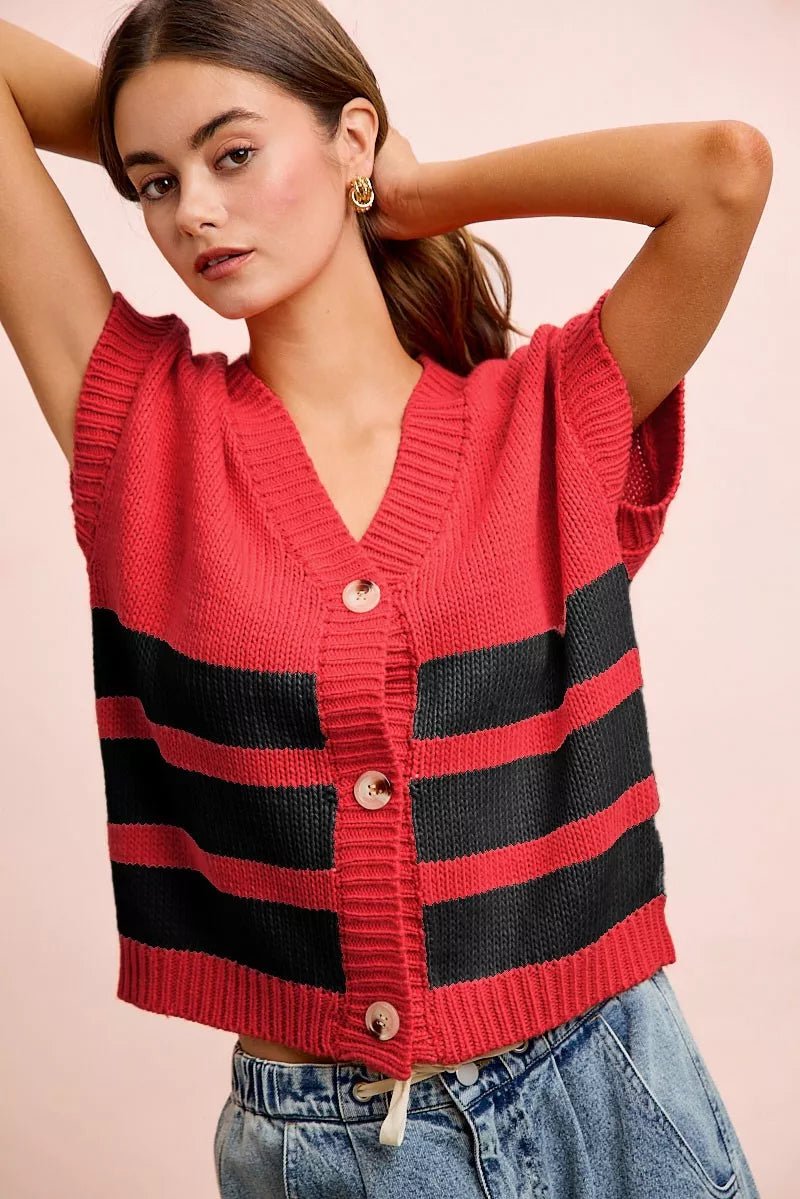 BiBi Game Day Theme Stripe Buttoned V Neck Knit Cardigan - Demented Sisters