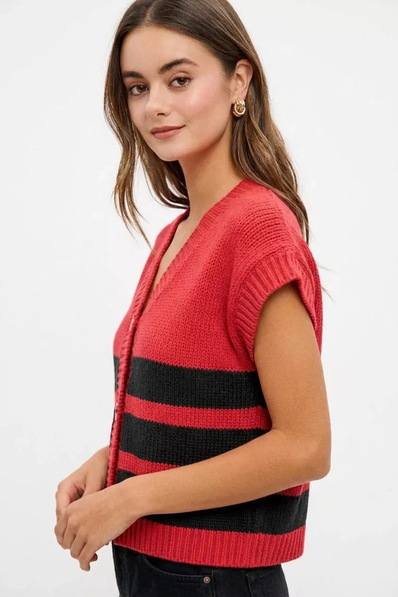 BiBi Game Day Theme Stripe Buttoned V Neck Knit Cardigan - Demented Sisters