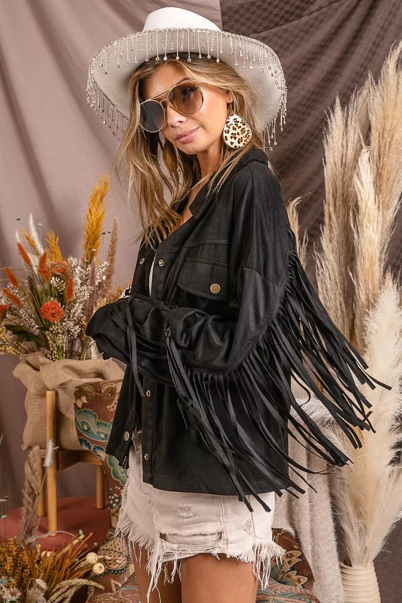 BiBi Suede Fringe Long Sleeve Jacket - Demented Sisters