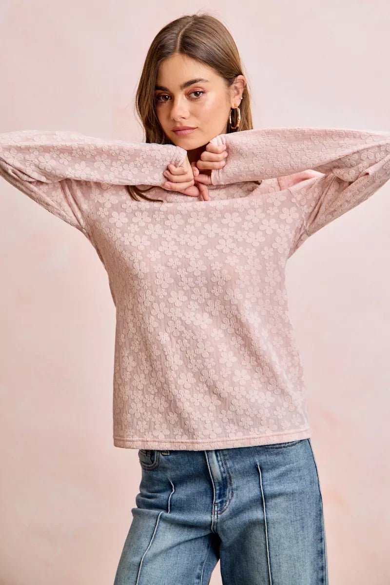 BiBi Textured Flower Knit Puff Shoulder Top - Demented Sisters