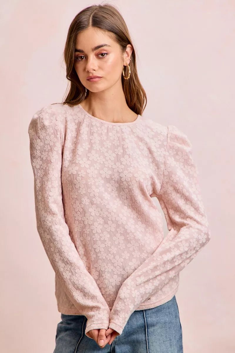 BiBi Textured Flower Knit Puff Shoulder Top - Demented Sisters