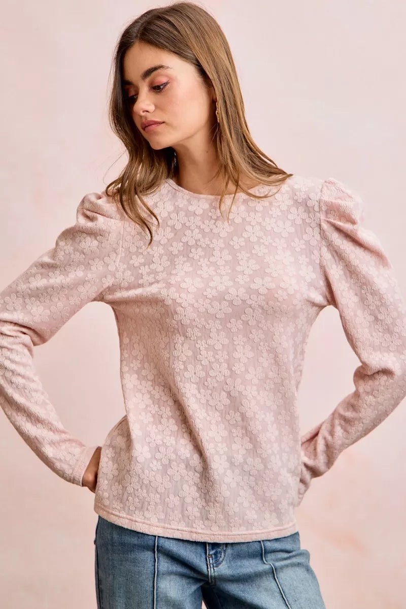 BiBi Textured Flower Knit Puff Shoulder Top - Demented Sisters