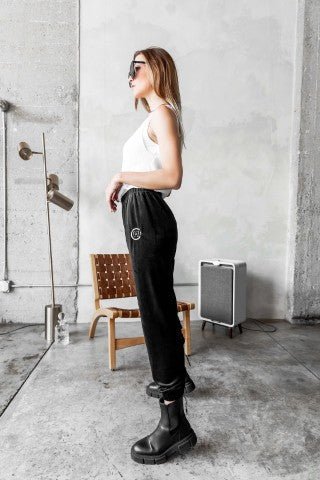 Black Velour Joggers with Logo Embroidery - Demented Sisters