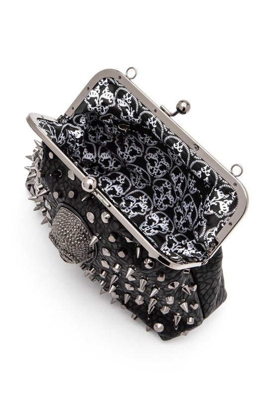 Black Studded Skull Kiss Lock Purse – Spiked Gothic Handbag with Shoulder Strap - Demented Sisters