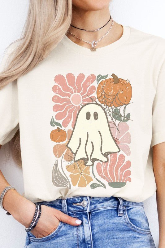 Boho Floral Fall Pink Ghost Graphic Tee - Demented Sisters