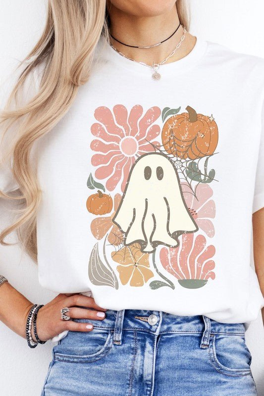 Boho Floral Fall Pink Ghost Graphic Tee - Demented Sisters